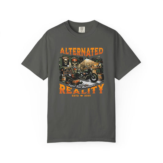 Navy blue t-shirt with motorbike garage graphic featuring skeleton figure on motorbike, vintage style for motorcycle enthusiasts.