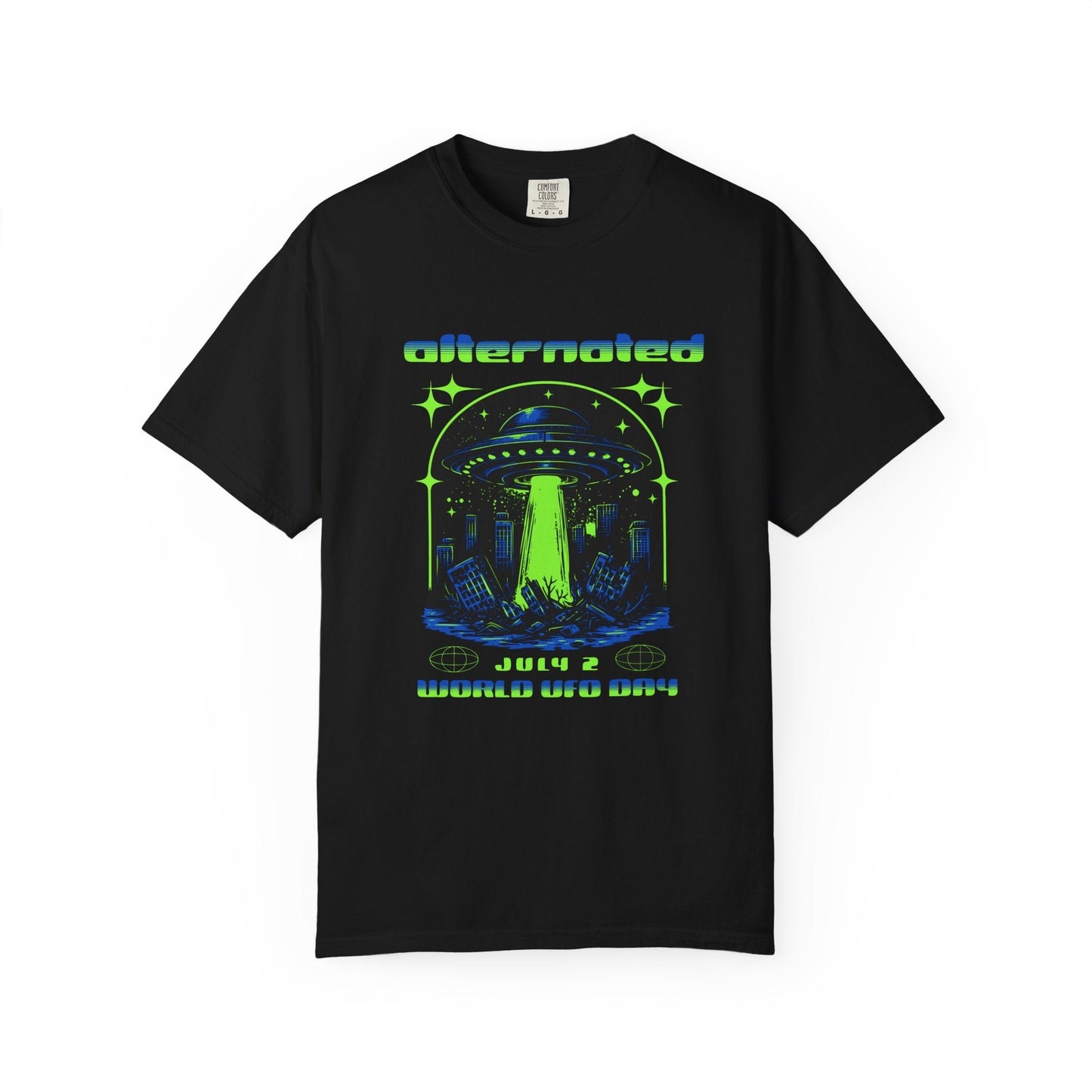 Black garment-dyed t-shirt with neon green and blue UFO design and "Alternate July 2 World UFO Day" text