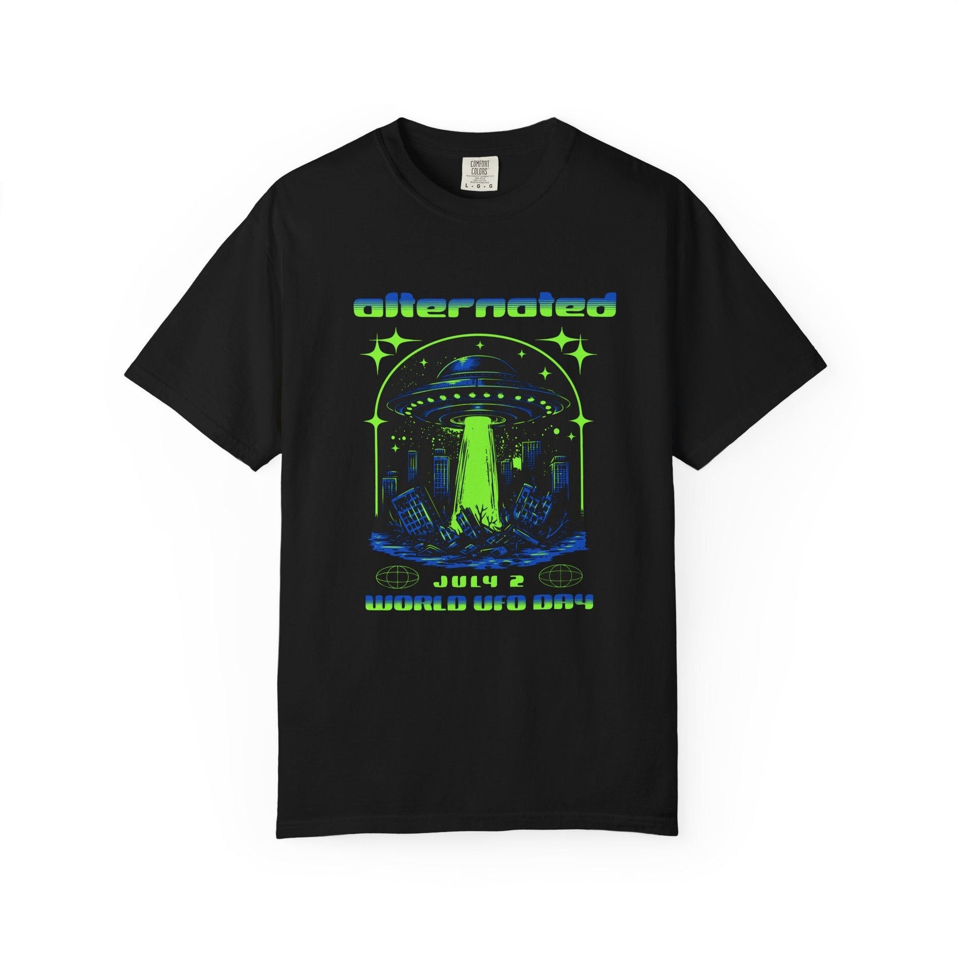 Black garment-dyed t-shirt with neon green and blue UFO design and "Alternate July 2 World UFO Day" text