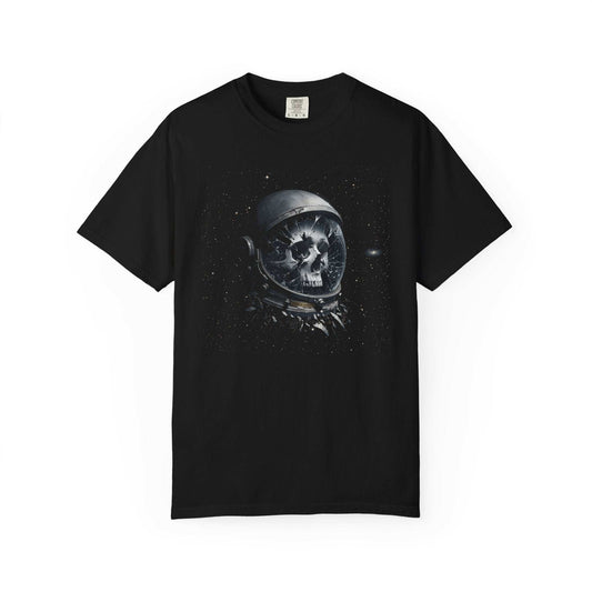Broken helmet skull astronaut graphic on a black t-shirt blending space and skull fashion.