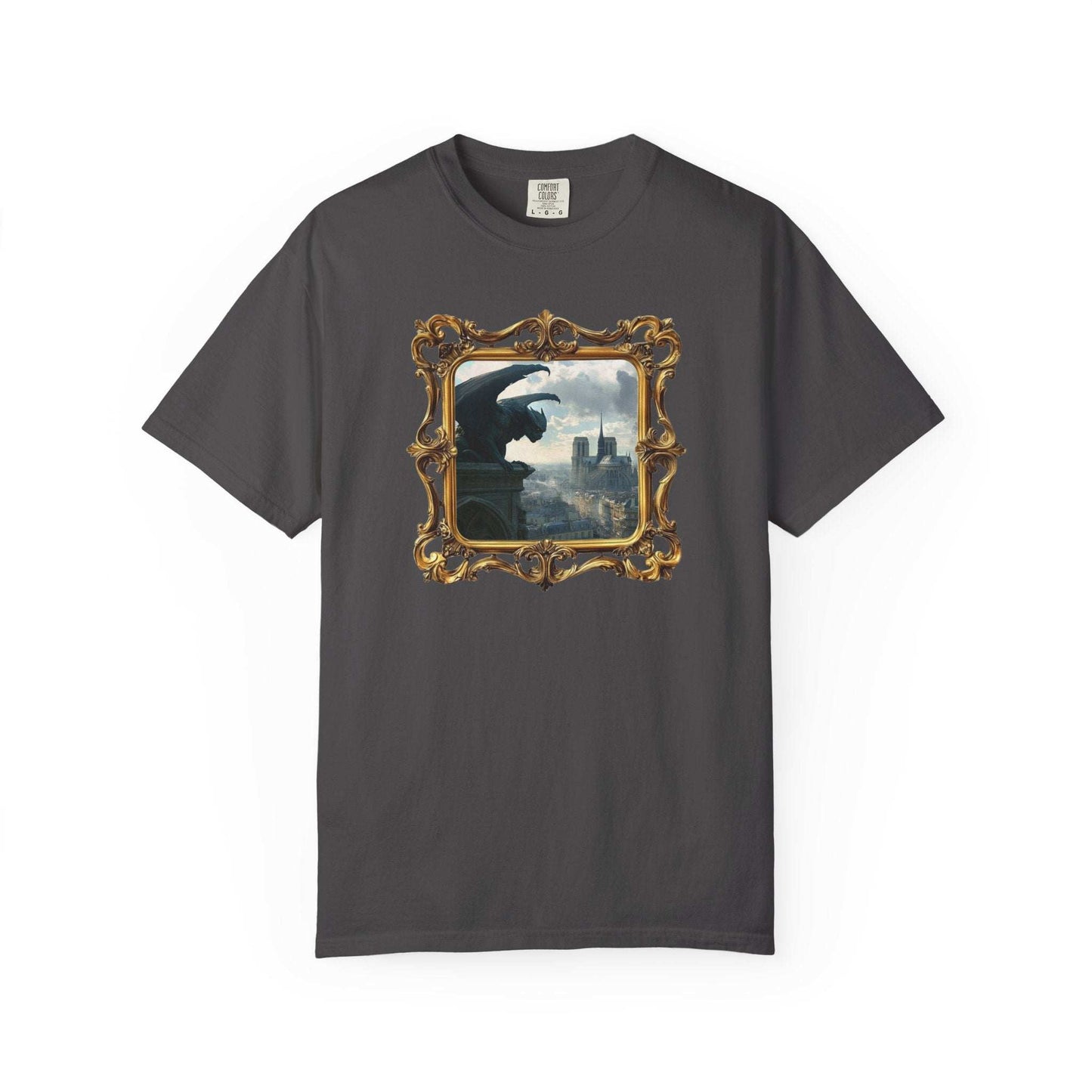 Paris mysteries T-shirt with gothic castle and gargoyle design on dark grey cotton
