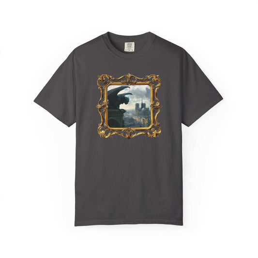 Paris mysteries T-shirt with gothic castle and gargoyle design on dark grey cotton