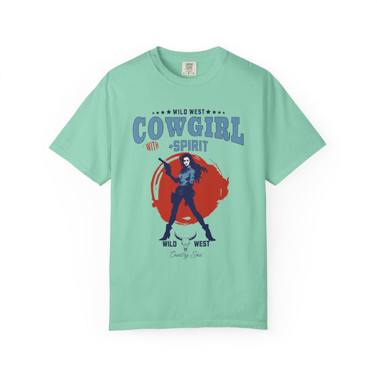 Mint green T-shirt featuring a cowgirl with Wild West spirit graphic in vintage Western style, perfect for cowgirl Western fans.