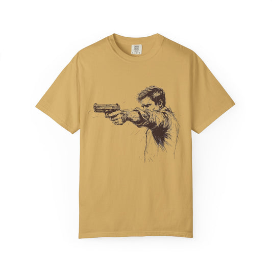 Unisex garment-dyed t-shirt with graphic of man aiming handgun in relaxed fit