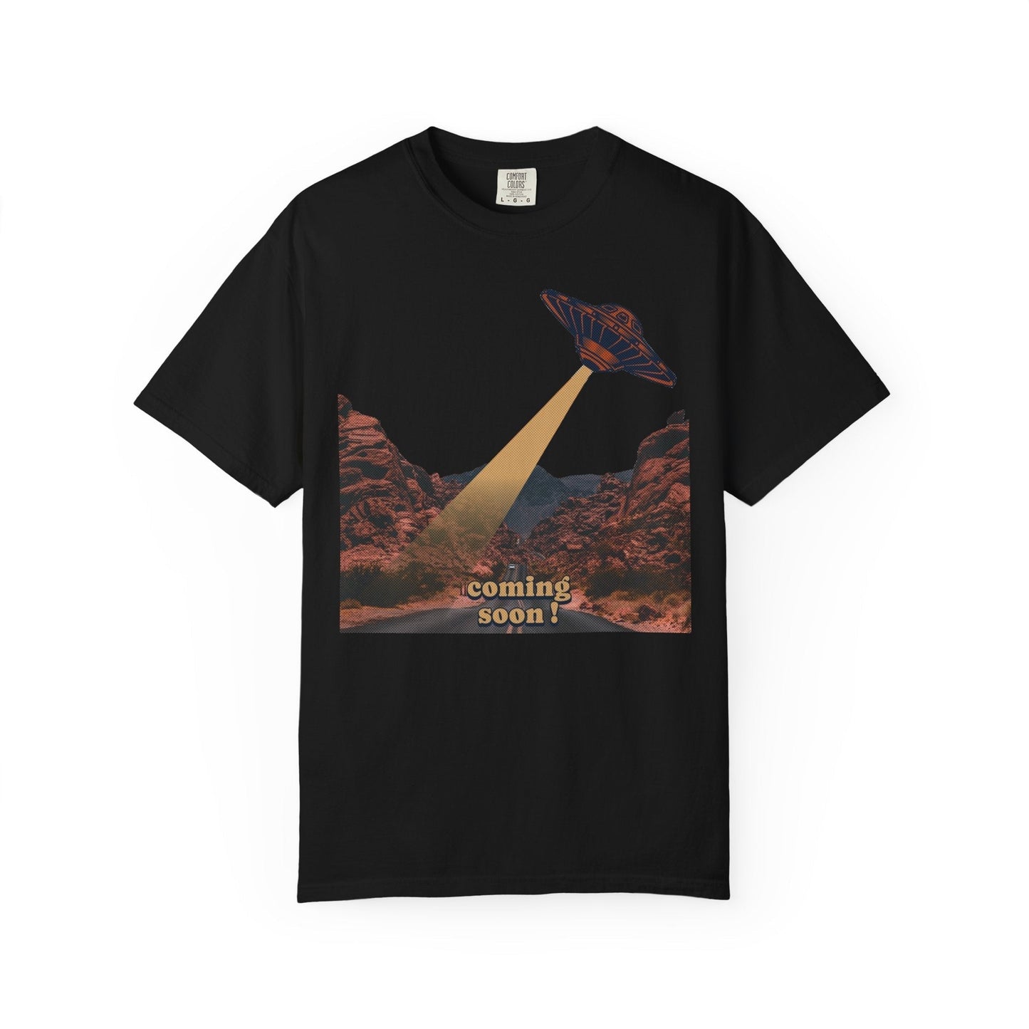 Coming soon apparel featuring a soft ring-spun cotton UFO T-shirt in multiple colors, designed for comfort and style.