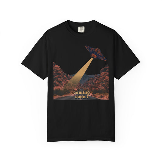 Coming soon apparel featuring a soft ring-spun cotton UFO T-shirt in multiple colors, designed for comfort and style.