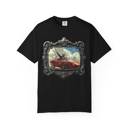 Black T-shirt with anachronic knight driving a red sports car framed by baroque ornament design