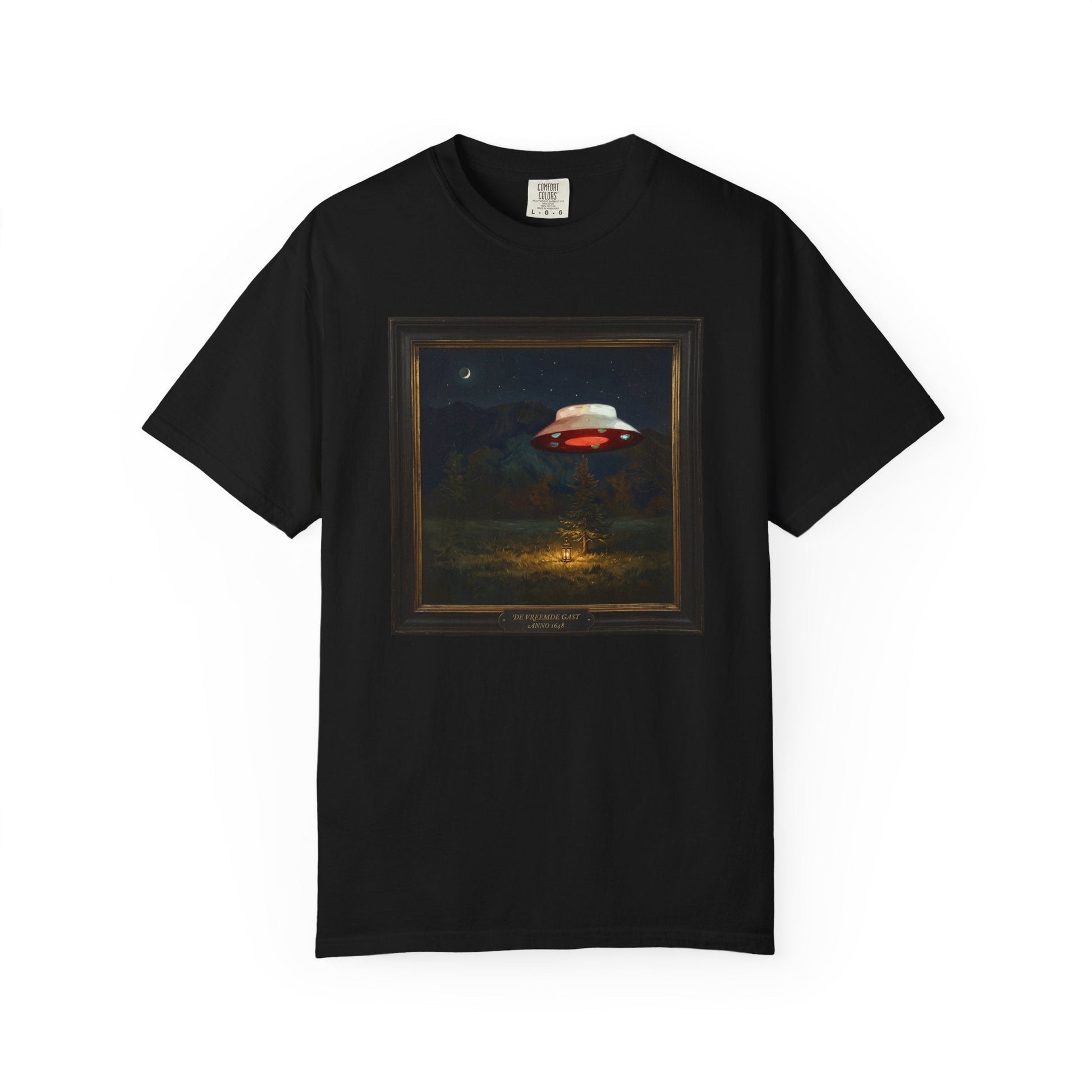 UFO encounter illustration with flying saucer and mysterious lights in night sky
