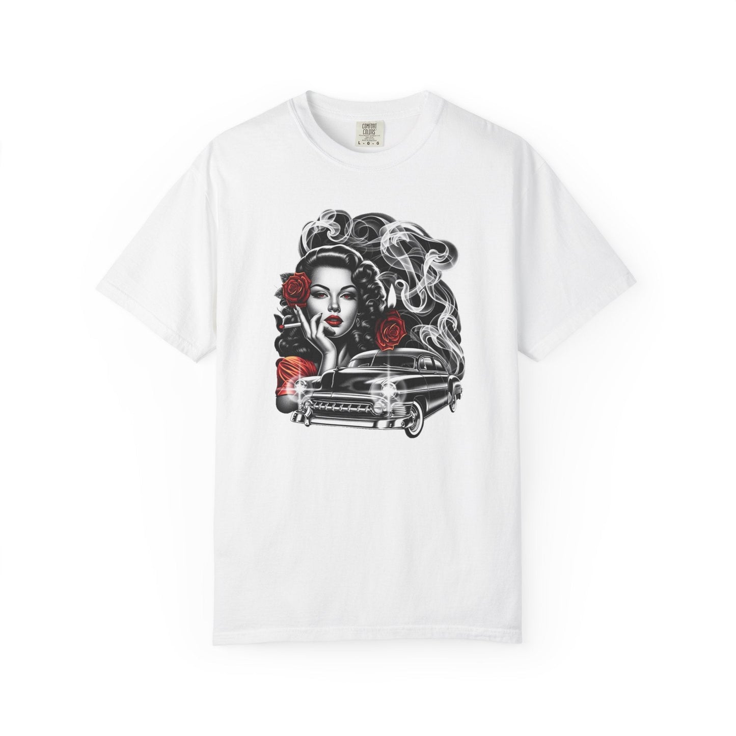 Vintage smoking girl t-shirt – Unique rose & car design