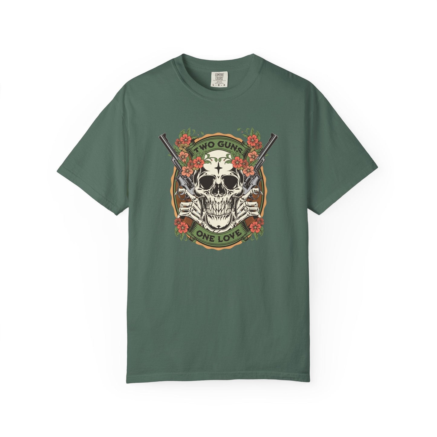 Two Guns One Love T-Shirt  showing Guns & Flowers