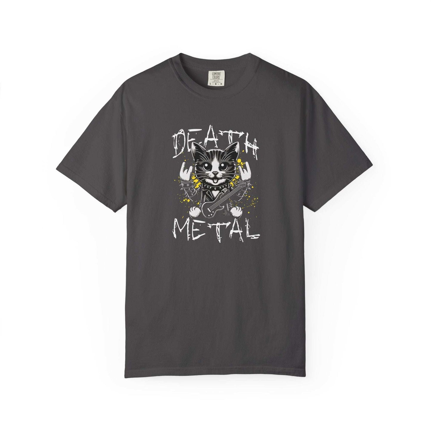 Black and white cat metal graphic tee with cat playing guitar and studded collar