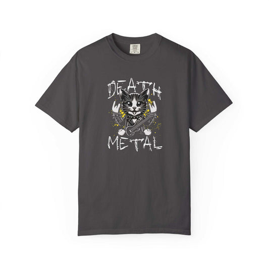 Black and white cat metal graphic tee with cat playing guitar and studded collar