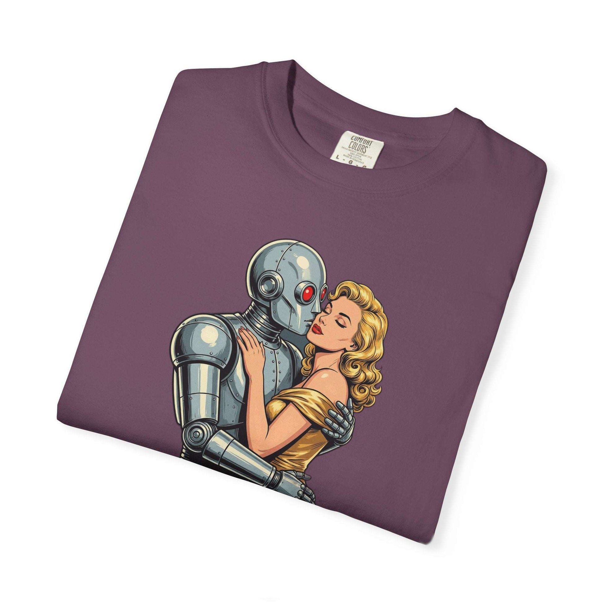 Chrome Romance Robot Kissing Woman T-Shir
