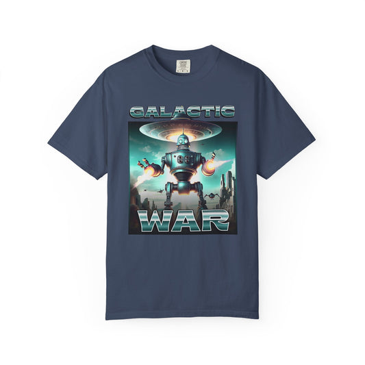 Galactic war t-shirt featuring metallic robot & Spaceship design