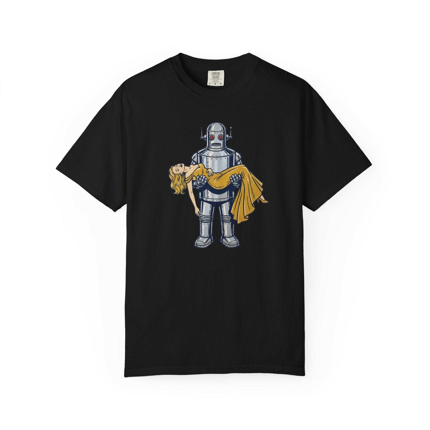 Chrome and Satin  – Futuristic Robot Embracing Beauty Sci-Fi Tee