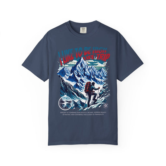 Vintage Hiker Life graphic navy blue unisex T-shirt with mountain and hiker illustration and retro text design