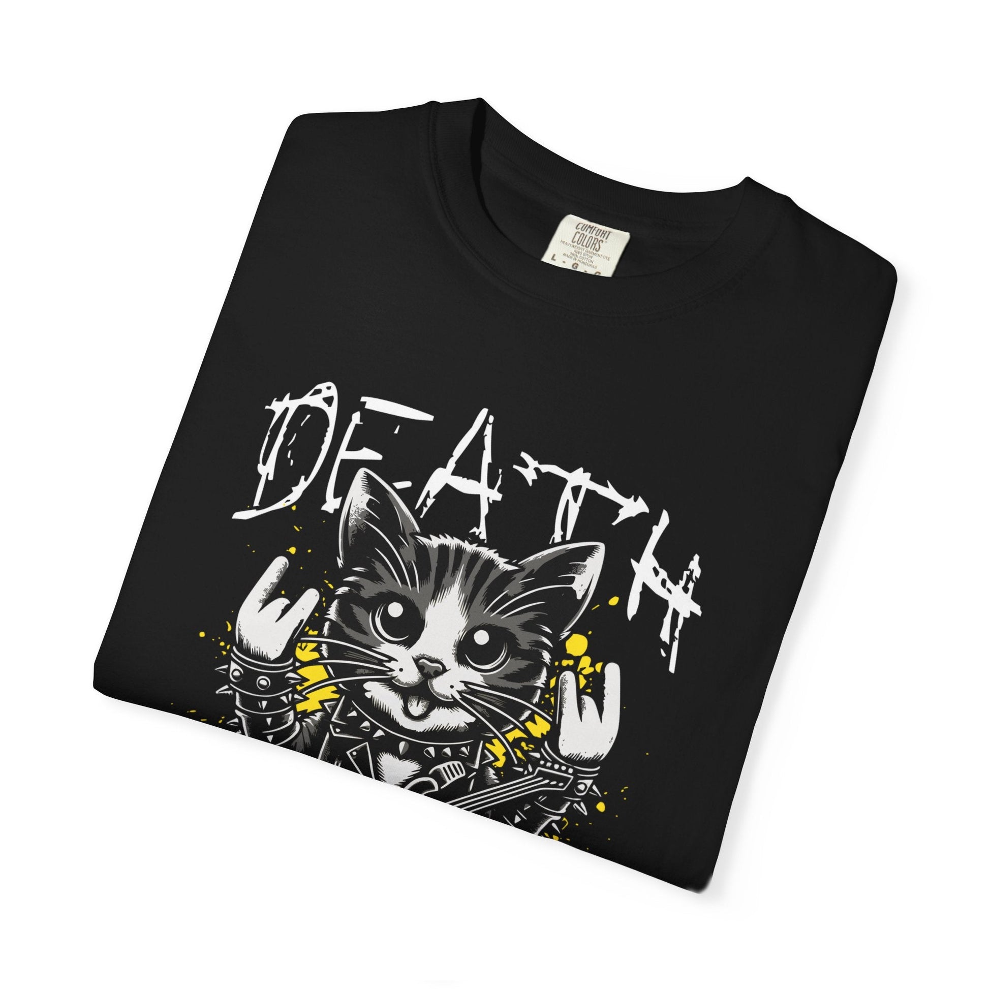 Cat metal t-shirt featuring rock & roll graphic design