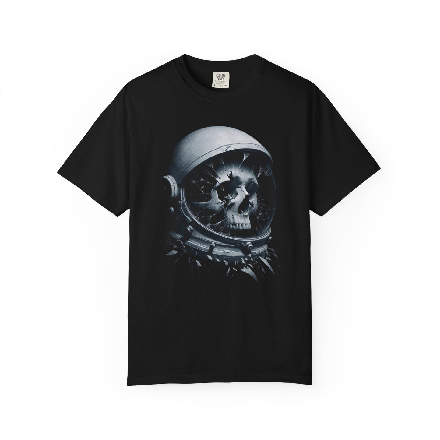 Unisex garment-dyed t-shirt with skull inside cracked astronaut helmet graphic design in grayscale tones