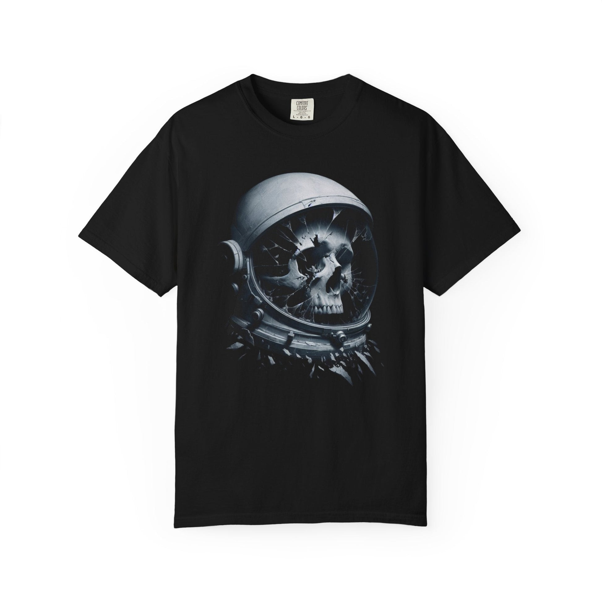 Unisex garment-dyed t-shirt with skull inside cracked astronaut helmet graphic design in grayscale tones