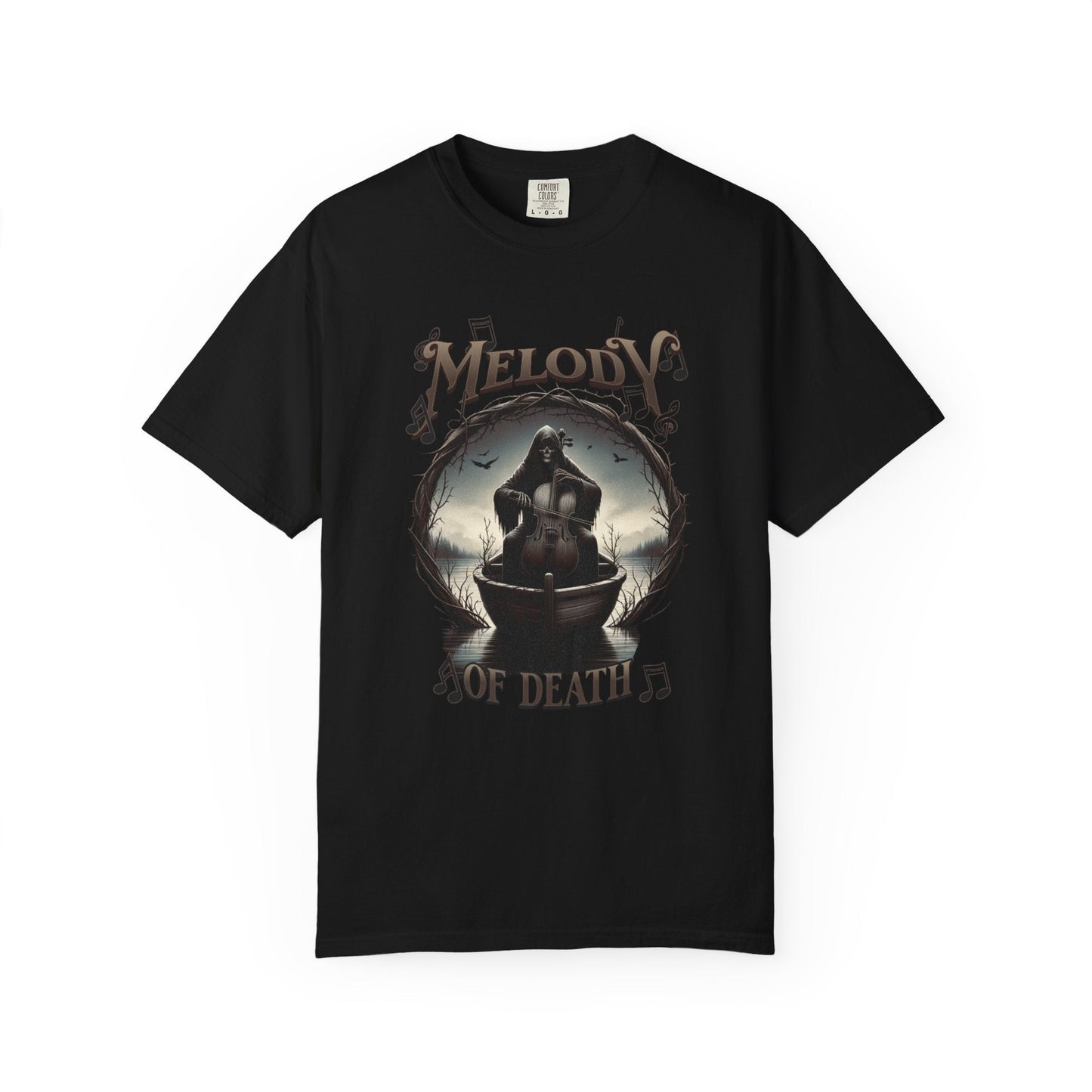 Black unisex t-shirt with gothic hooded figure in boat and "Melody of Death" text design