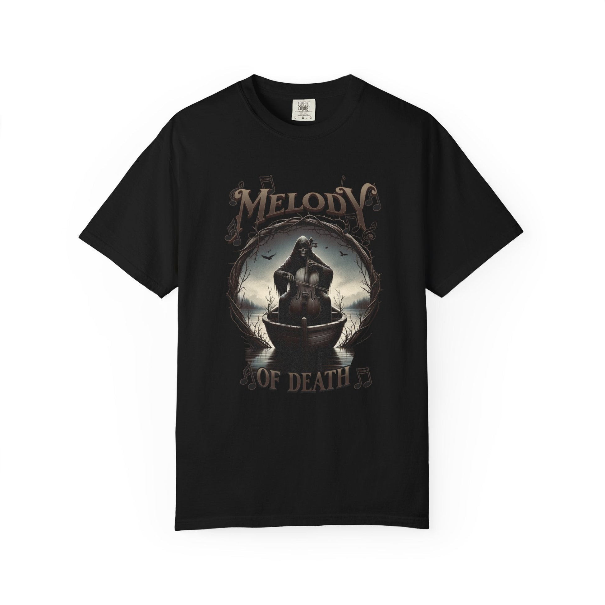Black unisex t-shirt with gothic hooded figure in boat and "Melody of Death" text design