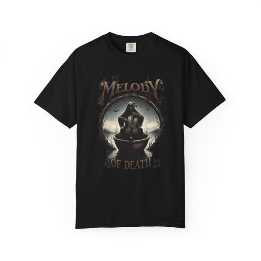 Black unisex t-shirt with gothic hooded figure in boat and "Melody of Death" text design
