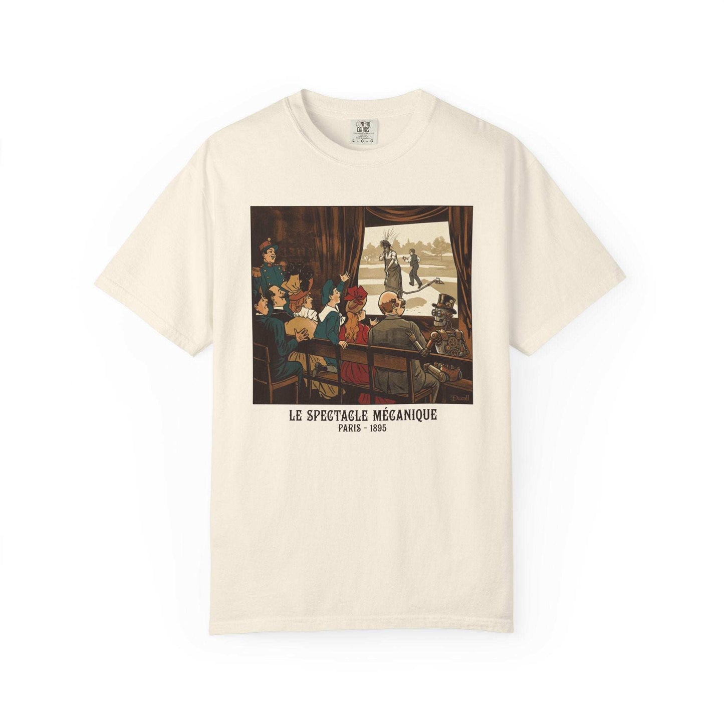 Mechanical Spectacle T-Shirt with 1895 Paris movie and modern robot design on soft cotton fabric