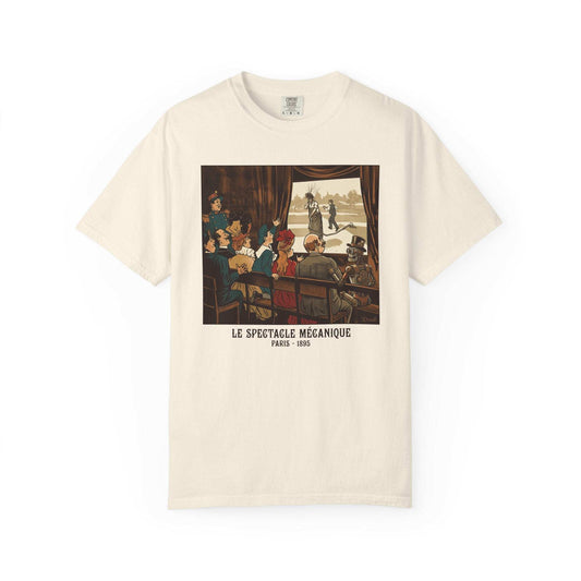 Mechanical Spectacle T-Shirt with 1895 Paris movie and modern robot design on soft cotton fabric