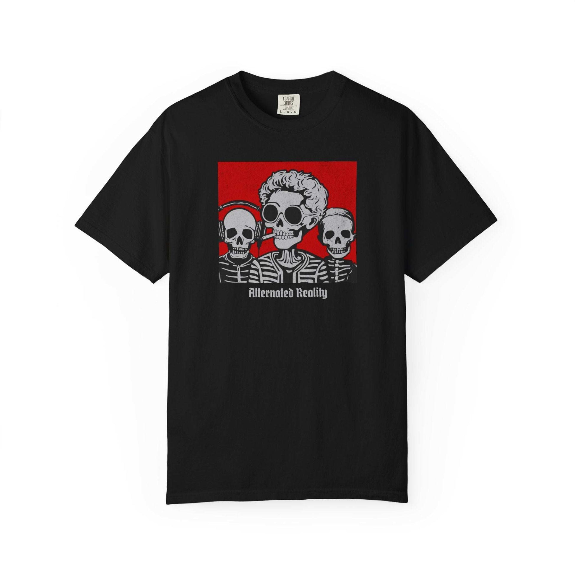 Skull Mates graphic t-shirt with edgy skulls, sunglasses, cigarette, and red background featuring "Alternated Reality" text