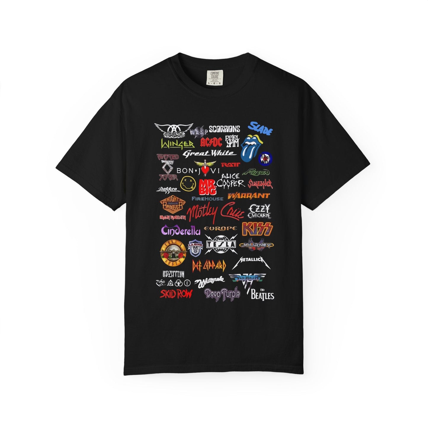 Black unisex garment-dyed t-shirt featuring classic rock band logos in colorful print