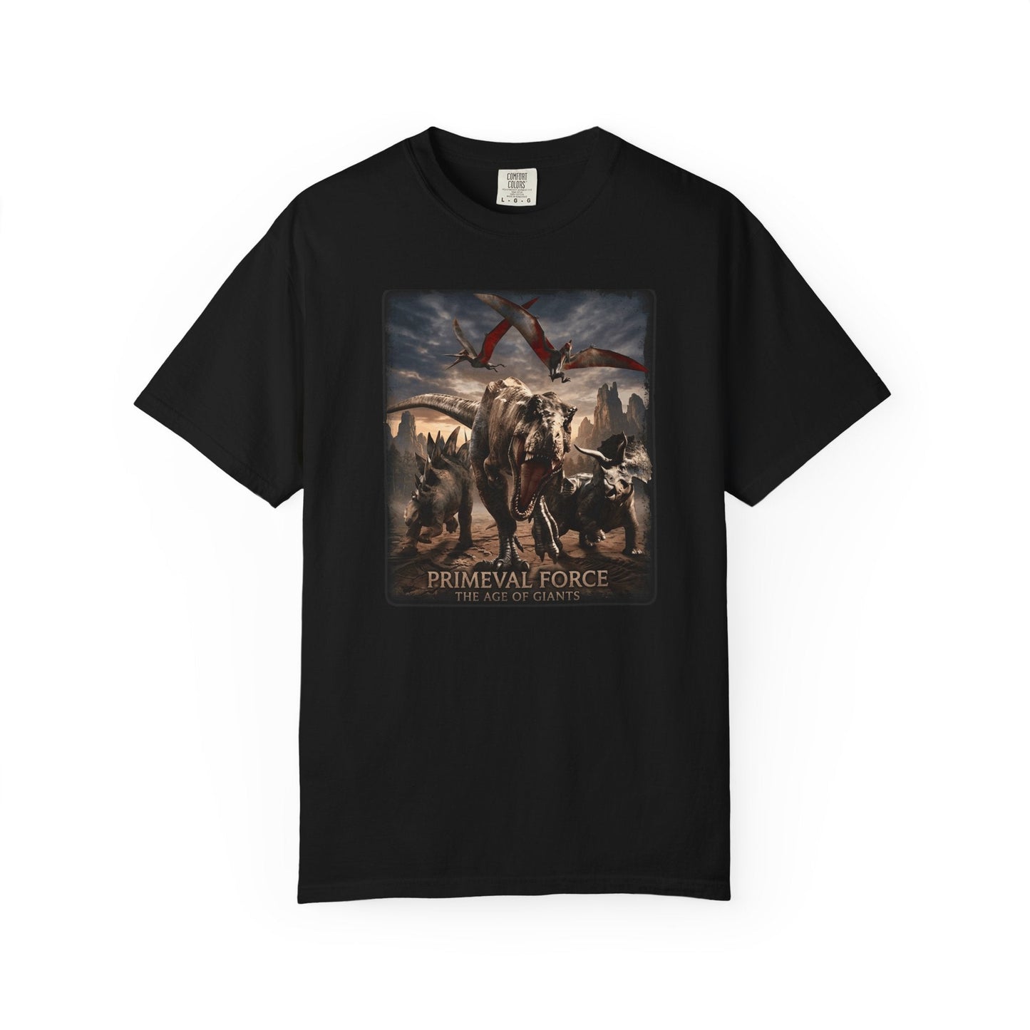 Primal Force T-shirt with bold prehistoric animals and birds graphic design capturing motion and power
