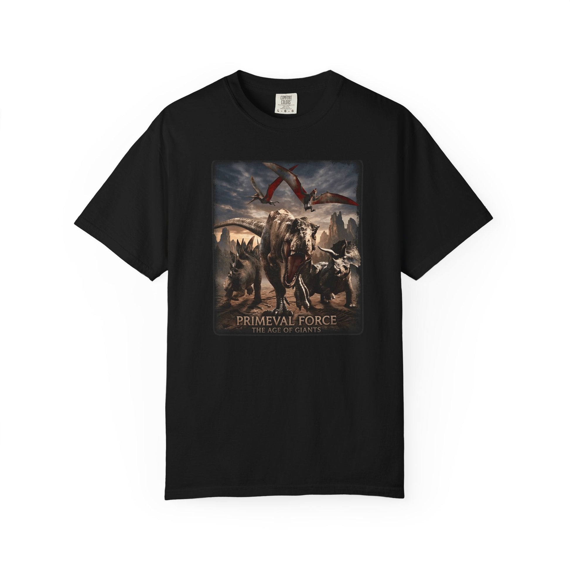 Primal Force T-shirt with bold prehistoric animals and birds graphic design capturing motion and power