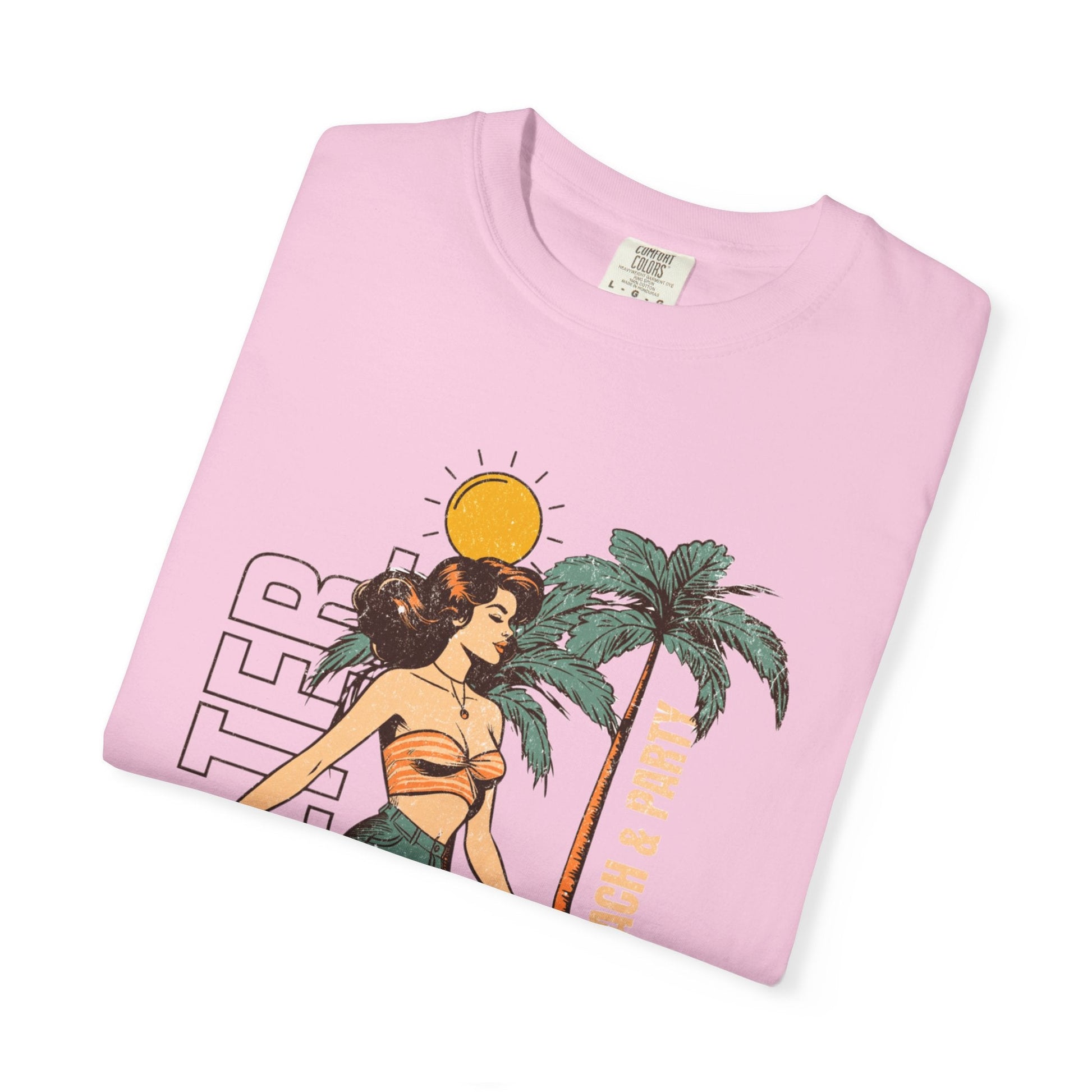Vintage beach scene unisex t-shirt with woman graphic and palm trees