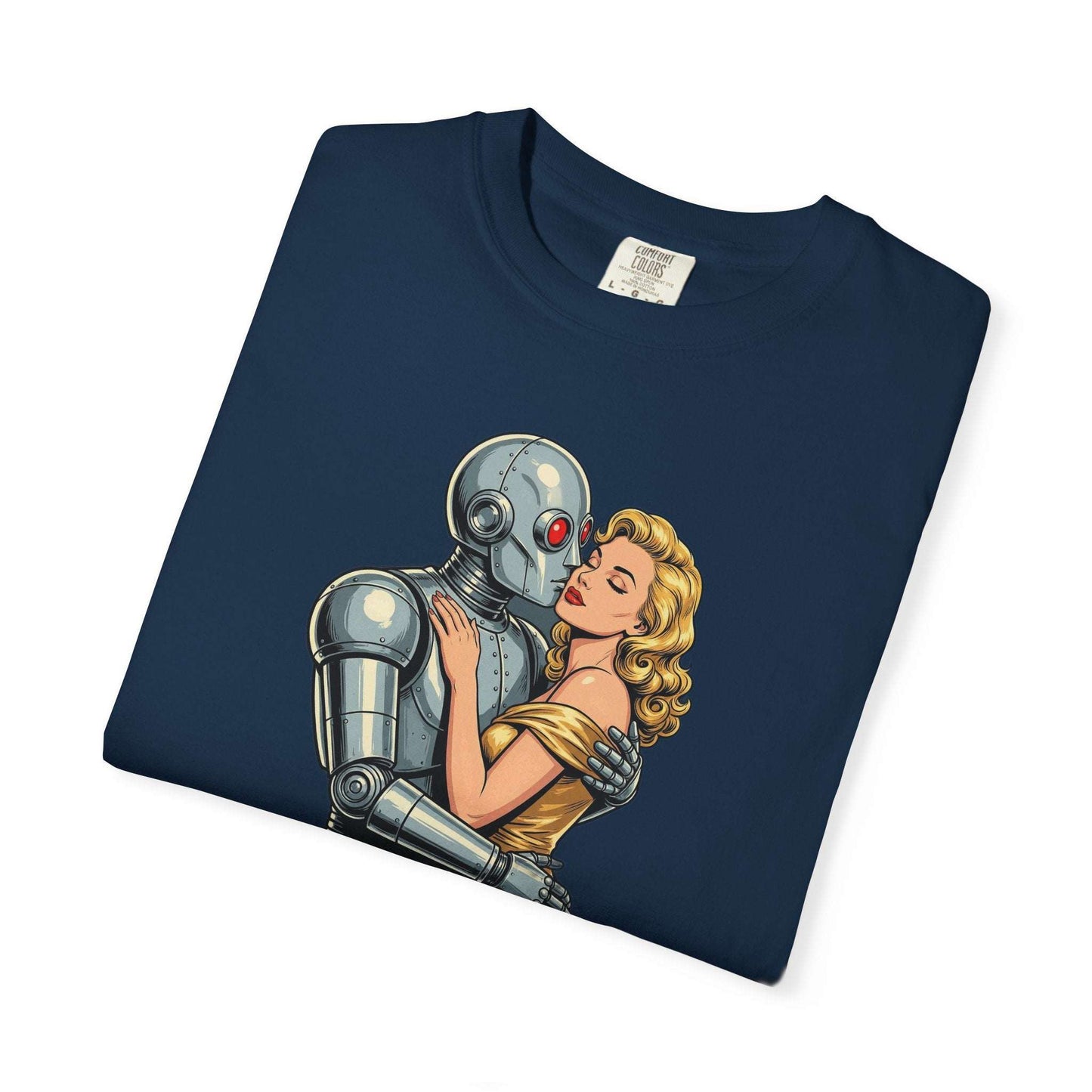 Chrome Romance Robot Kissing Woman T-Shir