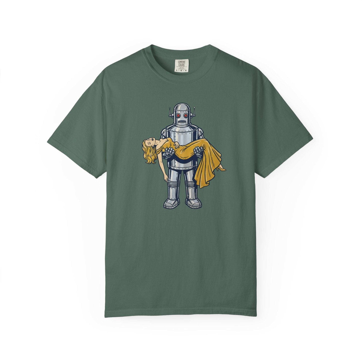 Chrome and Satin  – Futuristic Robot Embracing Beauty Sci-Fi Tee