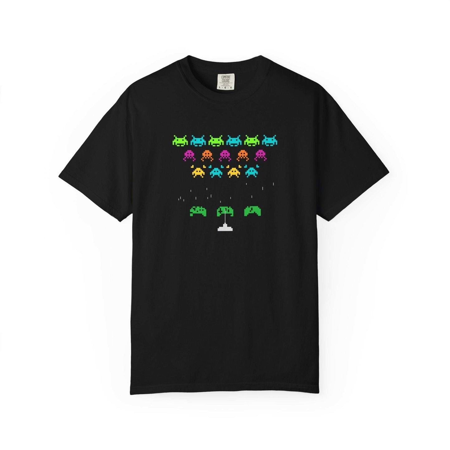 Vintage Space Game 80' arcade T-shirt with vibrant 80s pixel art design