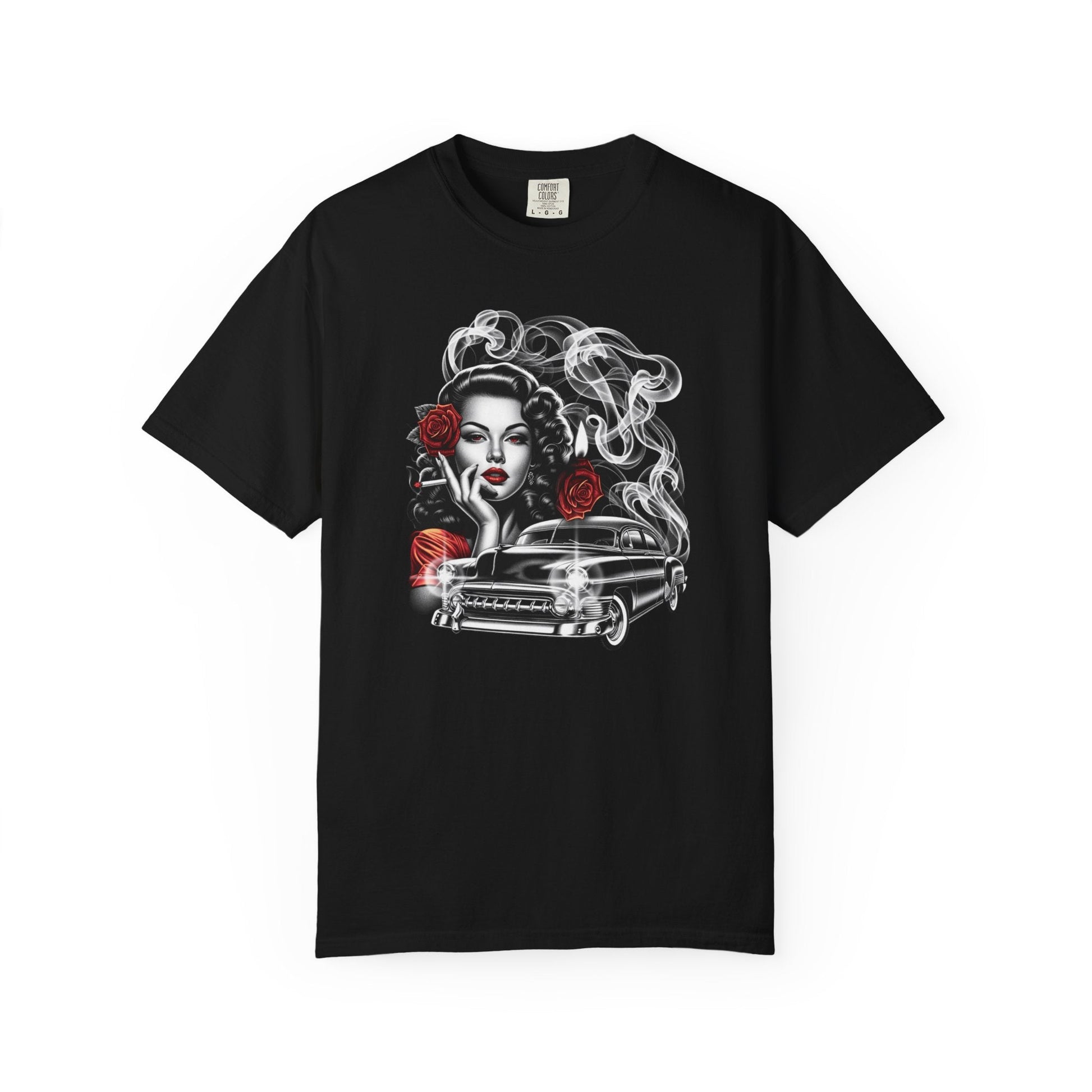 Vintage smoking girl t-shirt – Unique rose & car design