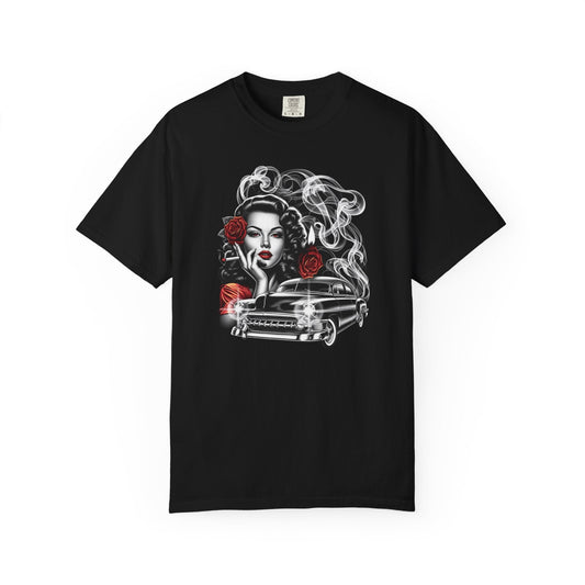 Vintage smoking girl t-shirt – Unique rose & car design