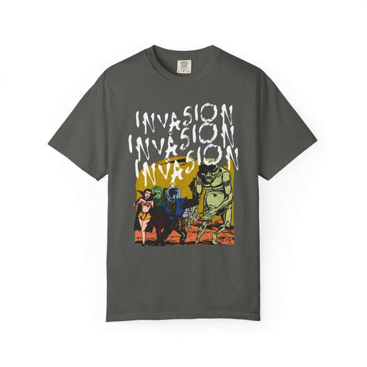 Alien invasion graphic tee with vintage comic style aliens in green, yellow, and blue on soft 100% cotton fabric