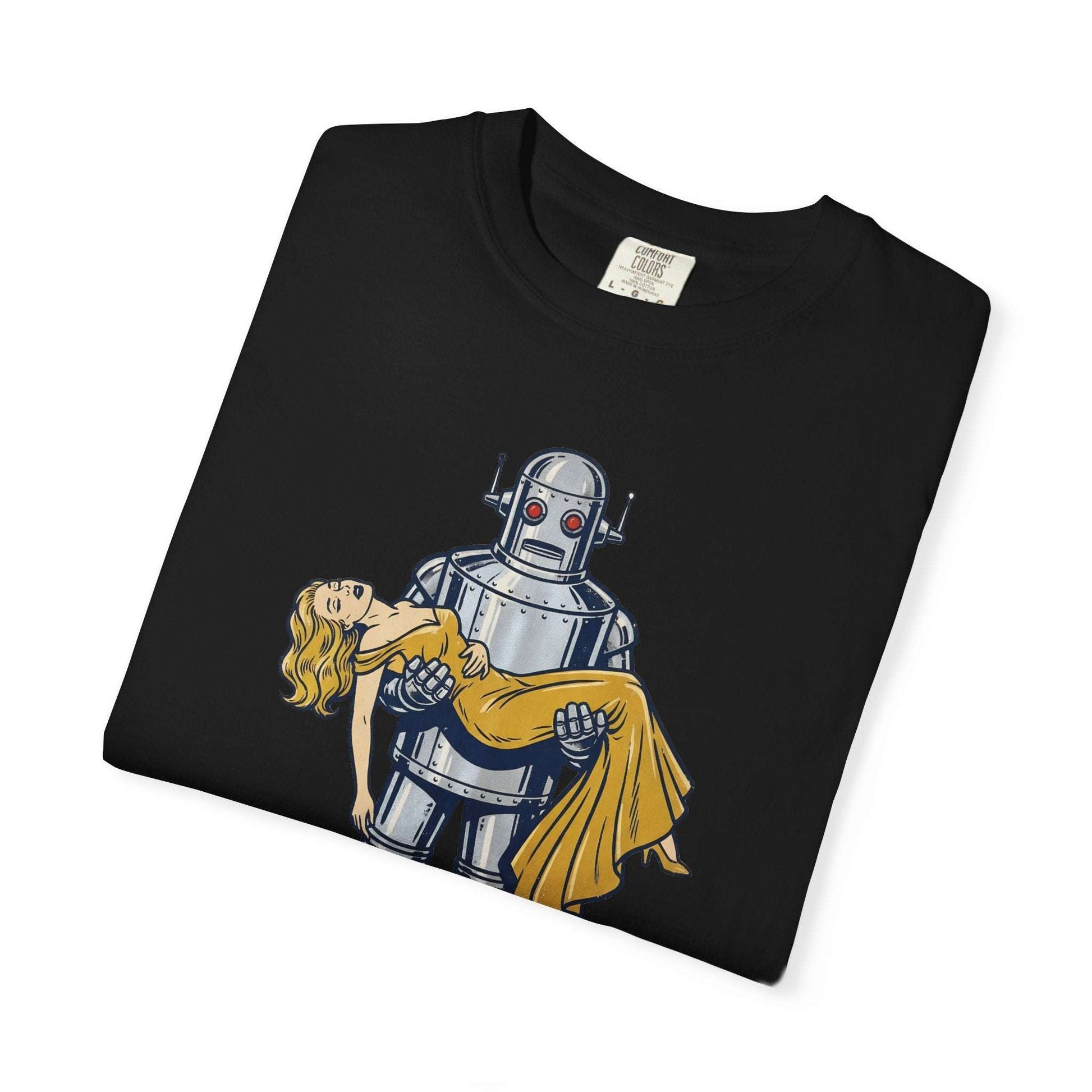 Chrome and Satin  – Futuristic Robot Embracing Beauty Sci-Fi Tee