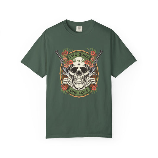 Two guns & one love graphic t-shirt with skull design