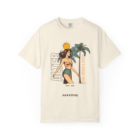 Vintage beach scene unisex t-shirt with woman graphic and palm trees