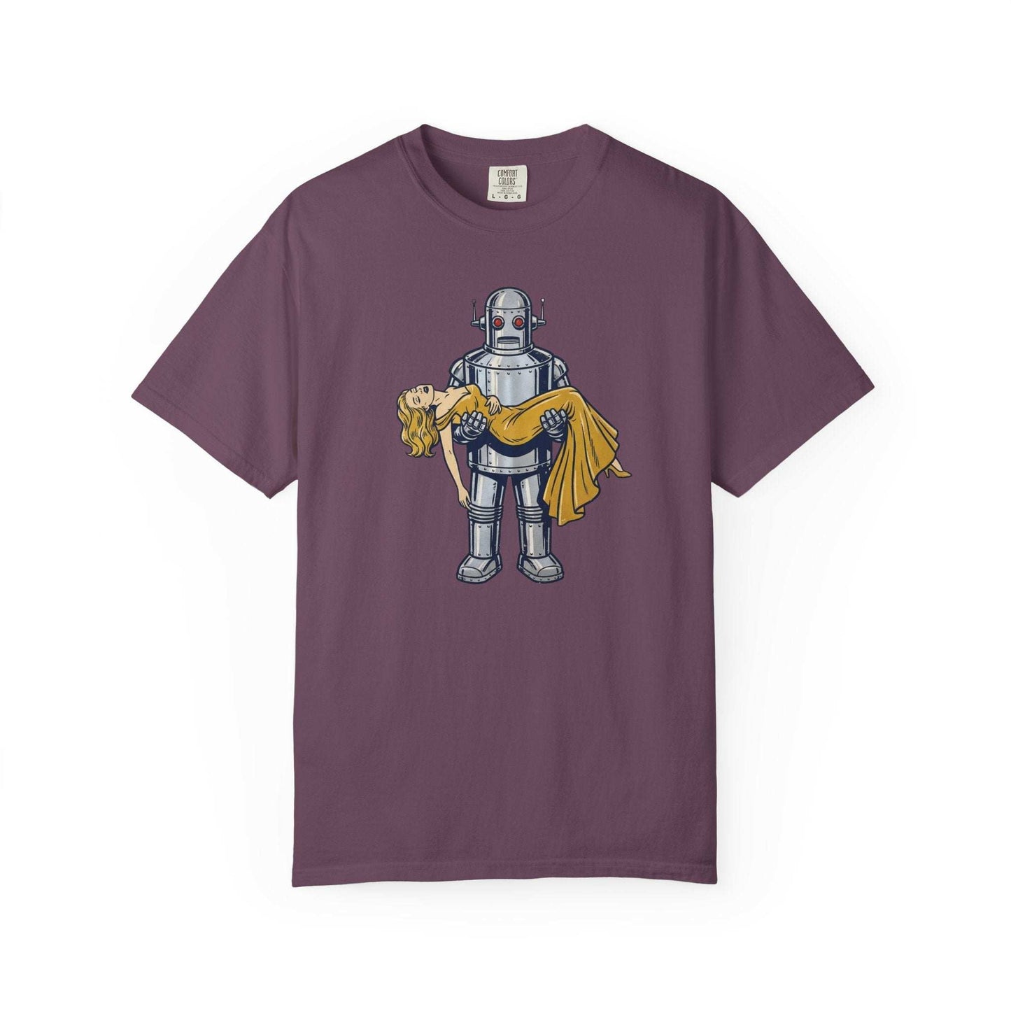 Chrome and Satin  – Futuristic Robot Embracing Beauty Sci-Fi Tee