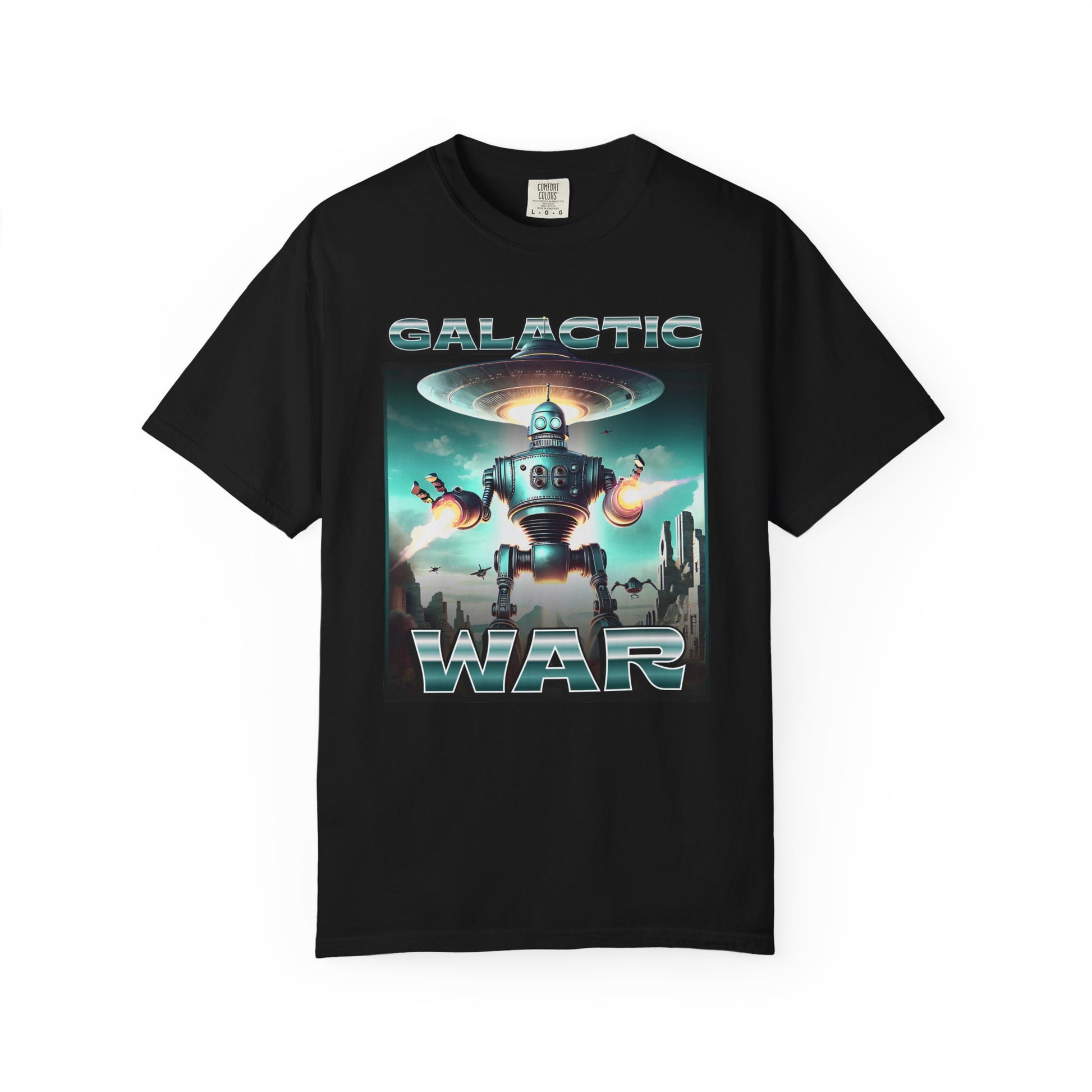 Galactic war t-shirt featuring metallic robot & Spaceship design